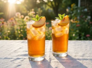 two glasses of homemade peach iced tea garnished with mint and peach slices on a summer table