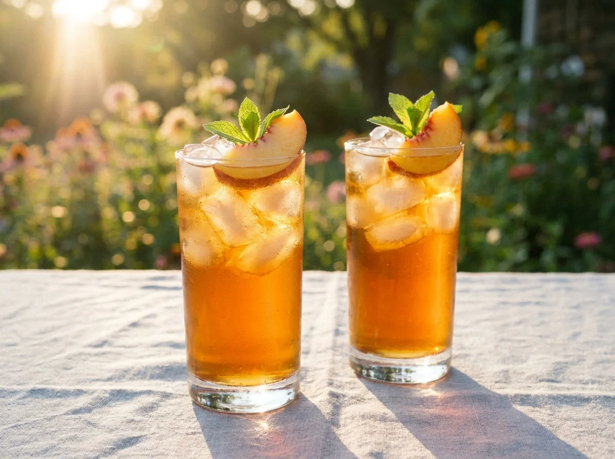 two glasses of homemade peach iced tea garnished with mint and peach slices on a summer table