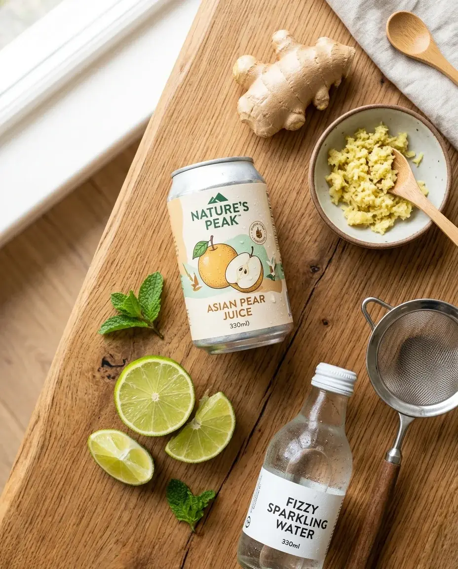 Asian pear juice can, fresh ginger root, lime, and sparkling water ingredients for pear mocktail on wood surface