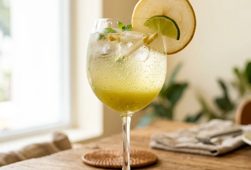 pear mocktail in a stemmed glass with thin Asian pear slice garnish on warm wood surface
