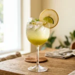 pear mocktail in a stemmed glass with thin Asian pear slice garnish on warm wood surface