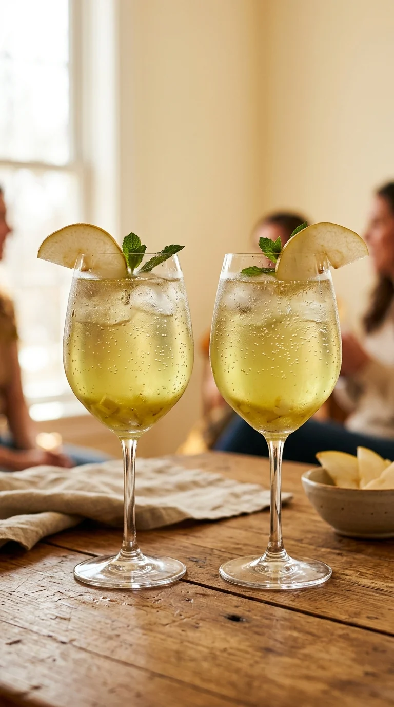 two pear mocktail glasses side by side with Asian pear slices and lime garnish on wooden surface