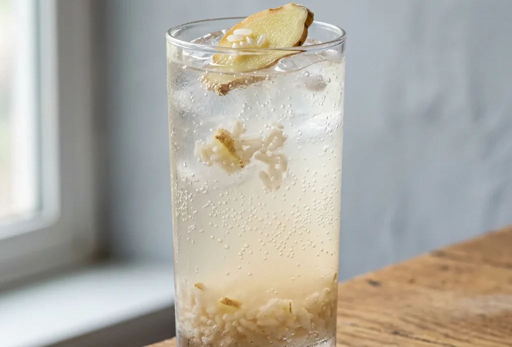 sikhye drink recipe -- sparkling Korean sweet rice punch in a tall glass with ginger slice