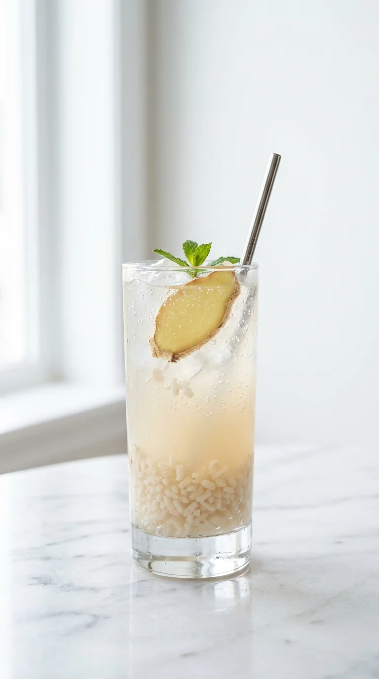 tall glass of sikhye sparkling drink with pale liquid and ginger slice on white marble surface