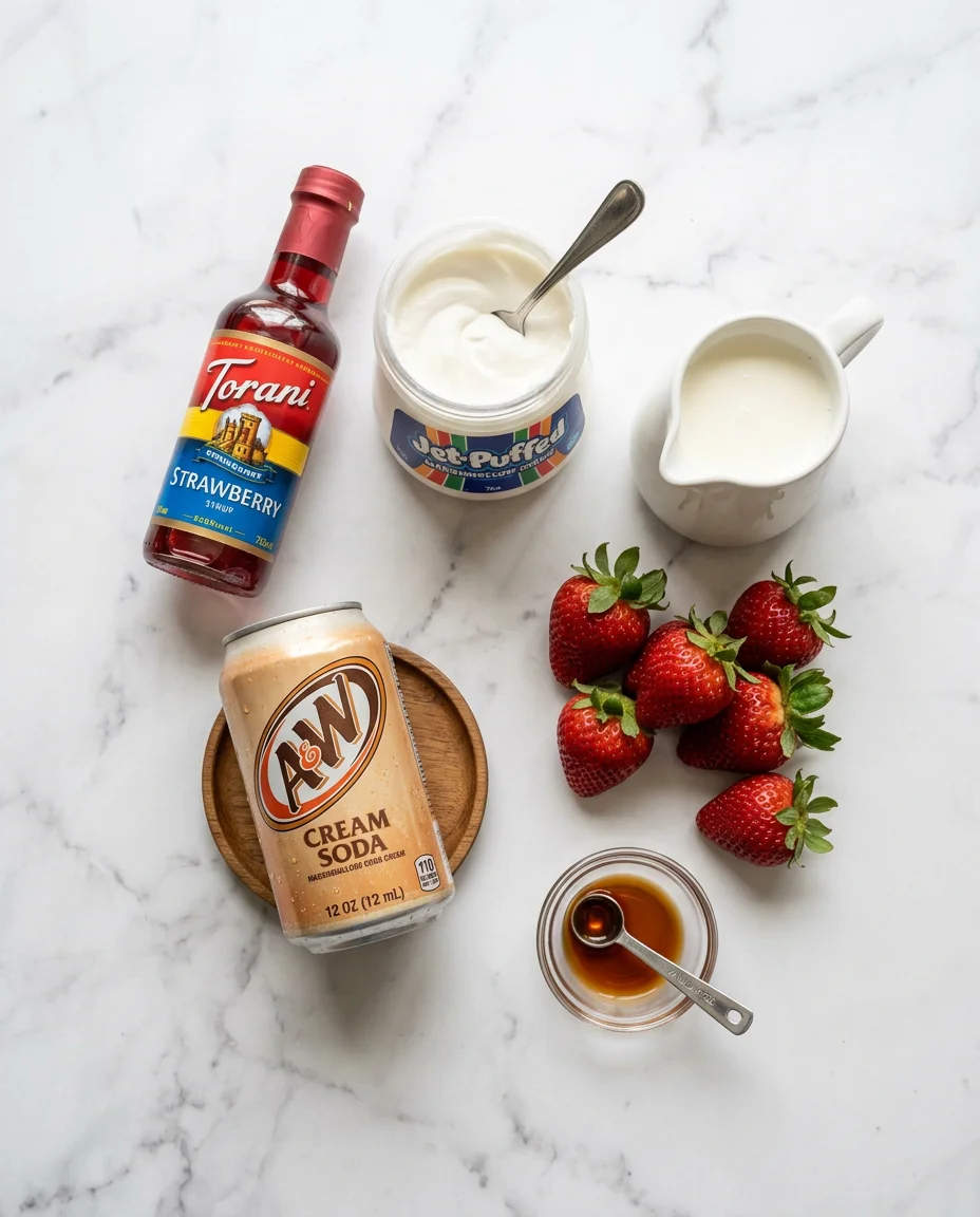 Ingredients for strawberry creamsicle dirty soda including cream soda, strawberry syrup, marshmallow fluff, and heavy cream