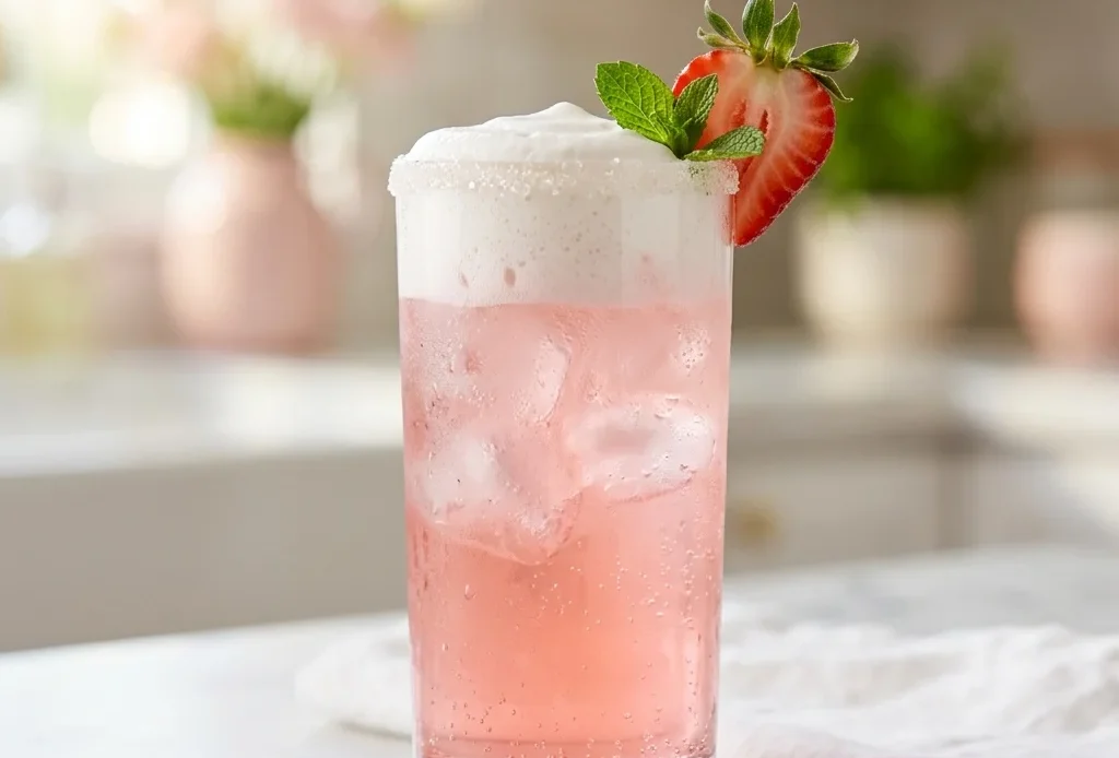 Strawberry creamsicle dirty soda topped with marshmallow cold foam in a clear glass