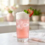 Strawberry creamsicle dirty soda topped with marshmallow cold foam in a clear glass