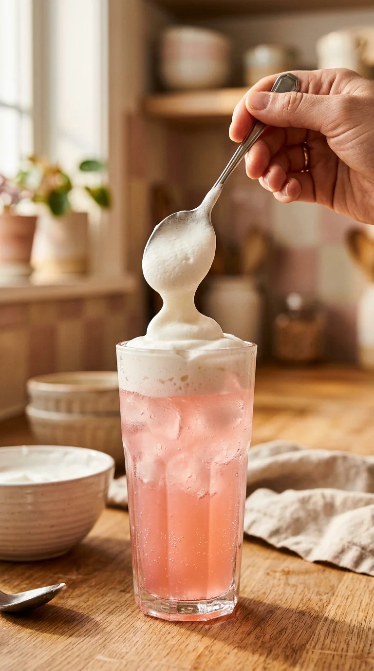 Marshmallow cold foam being spooned over strawberry creamsicle dirty soda