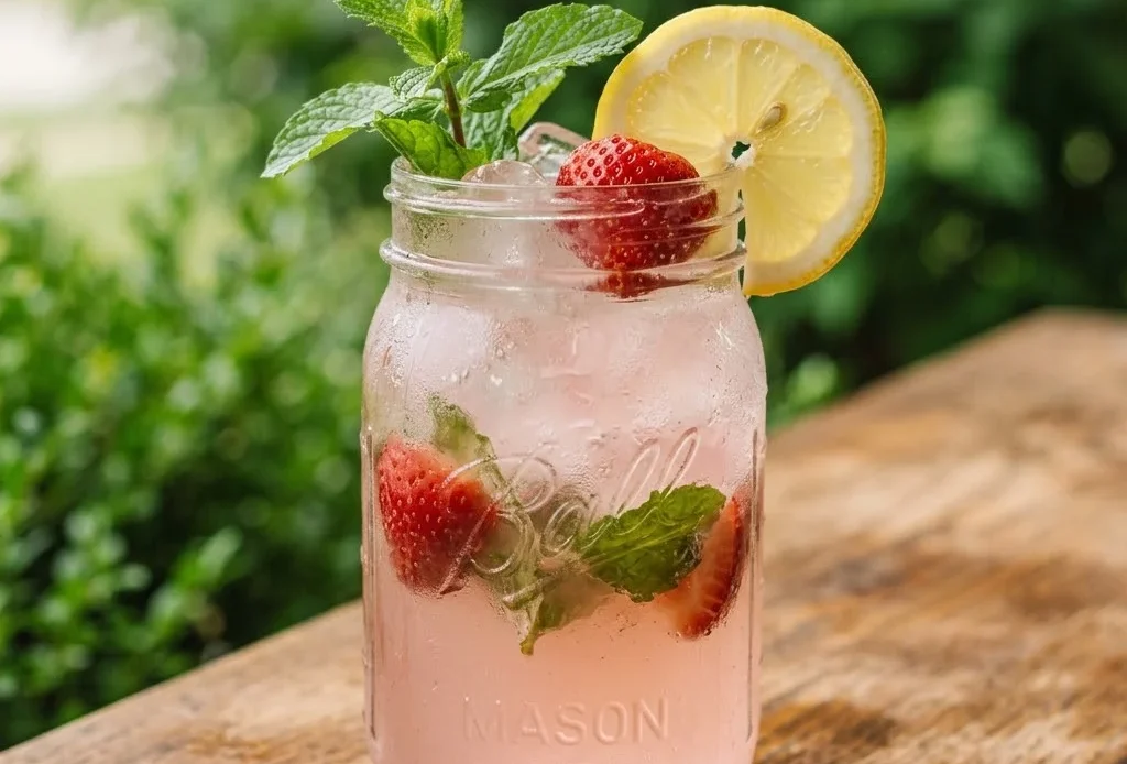 Strawberry green tea electrolyte drink in a mason jar with mint and lemon garnish