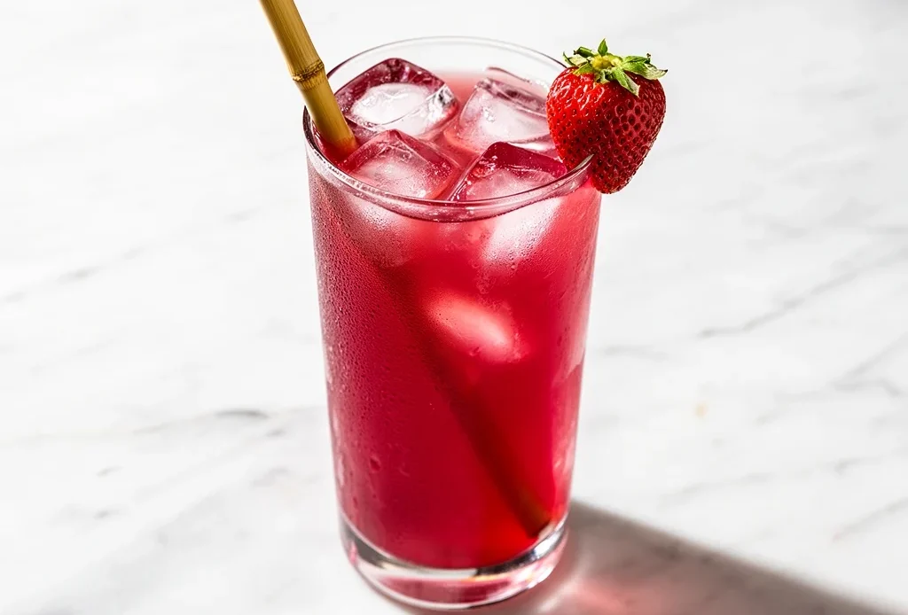 strawberry iced tea recipe in tall glass with fresh strawberries and condensation on white marble