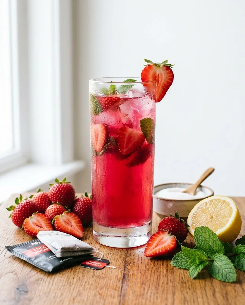 strawberry iced tea recipe ingredients flat lay — fresh strawberries, black tea bags, sugar, lemon, mint on wood surface