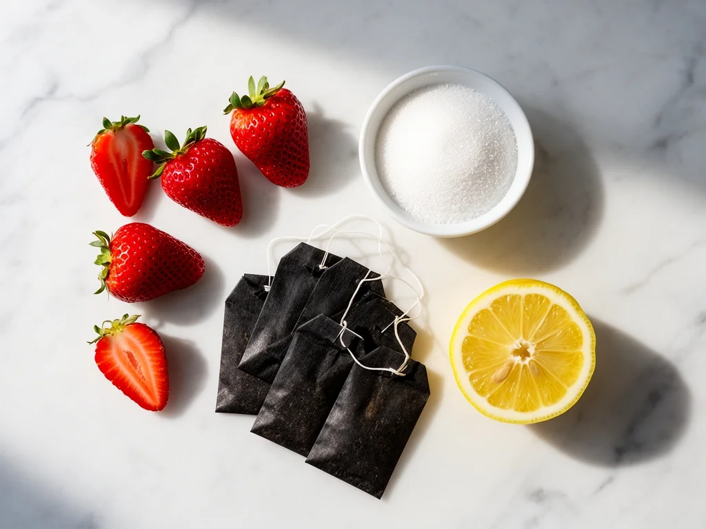fresh strawberry iced tea recipe ingredients flat lay — strawberries, black tea bags, sugar, lemon on marble