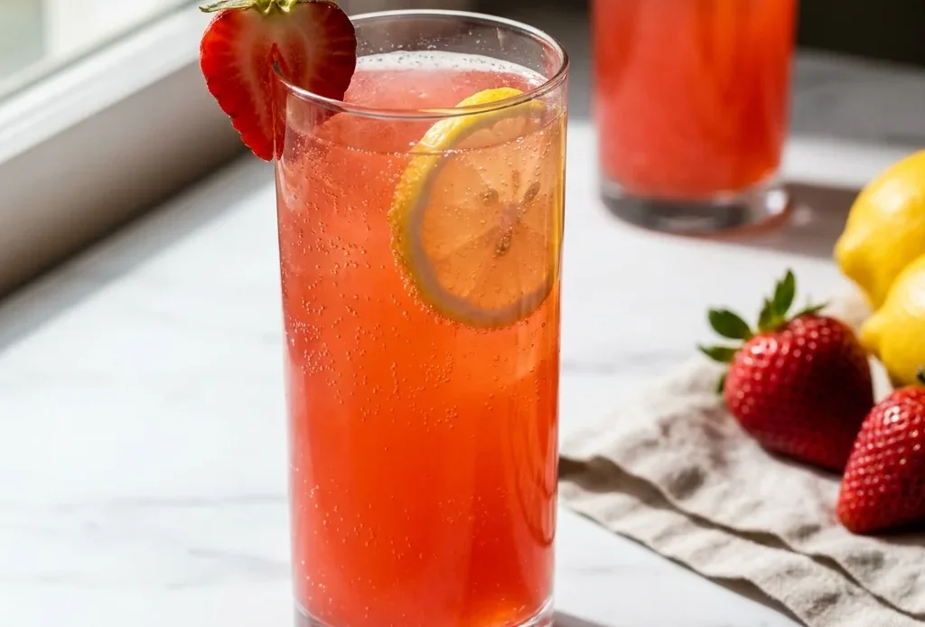 strawberry lemonade mocktail in tall glass with fresh strawberry garnish and lemon slice