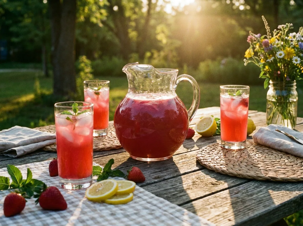 pitcher of strawberry lemonade mocktail with glasses set out for a crowd