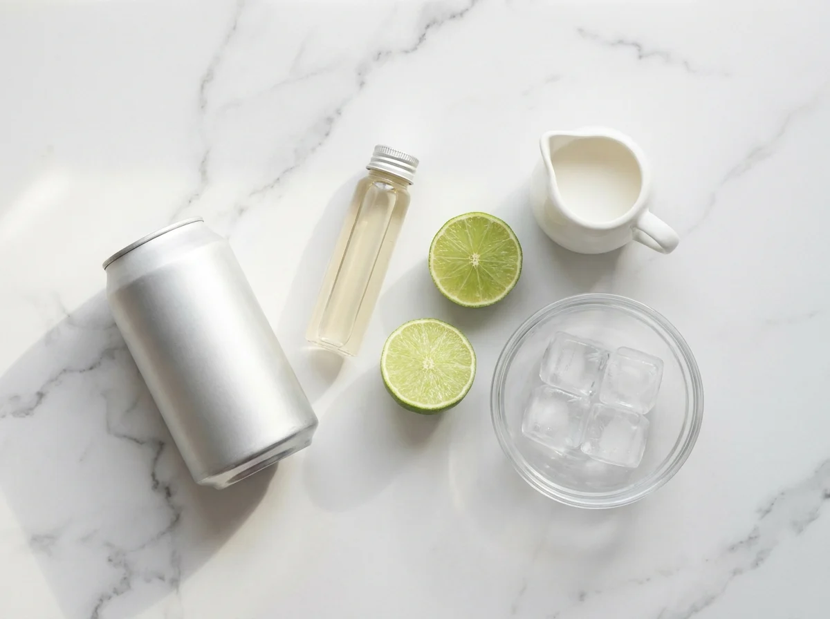 ingredients for taco bell dirty soda — Pepsi can, coconut syrup bottle, lime and cream