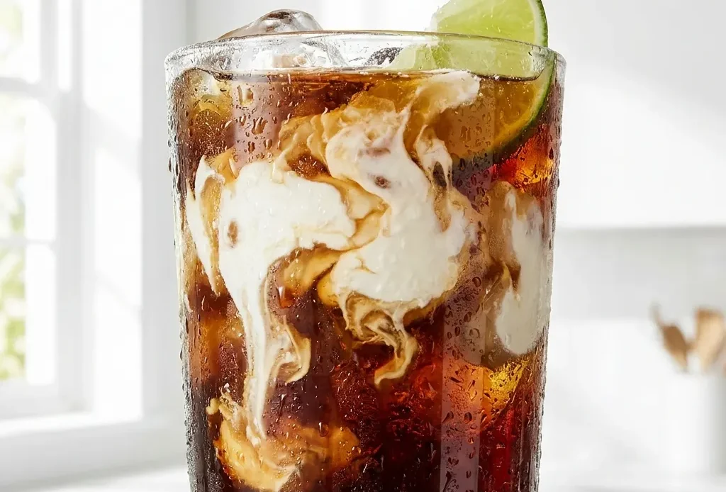 taco bell dirty soda recipe in tall glass with cream swirl and lime wedge