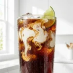 taco bell dirty soda recipe in tall glass with cream swirl and lime wedge