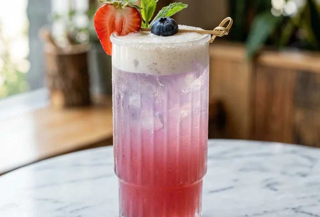 Vanilla berry dirty Red Bull soda in a tall glass with vanilla cold foam, fresh strawberries, and blueberries garnish