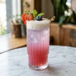 Vanilla berry dirty Red Bull soda in a tall glass with vanilla cold foam, fresh strawberries, and blueberries garnish