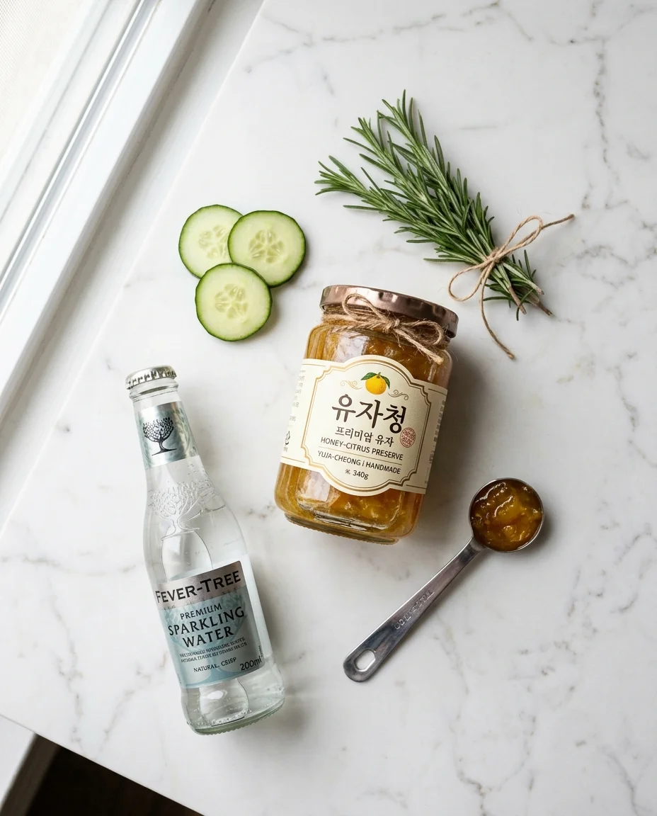 yuja cheong jar, cucumber, rosemary, and sparkling water ingredients for yuzu mocktail on marble surface