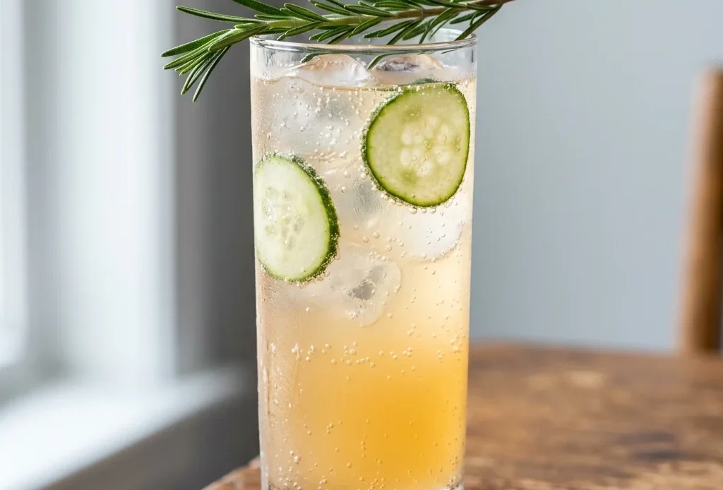 yuzu mocktail in a tall glass with cucumber slice and rosemary sprig garnish