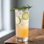 yuzu mocktail in a tall glass with cucumber slice and rosemary sprig garnish