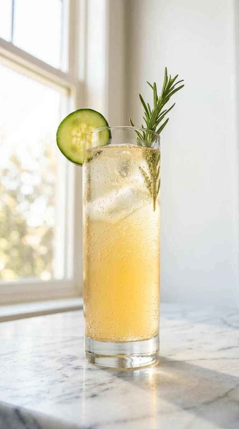 yuzu mocktail glass from a low angle showing pale golden color and cucumber garnish