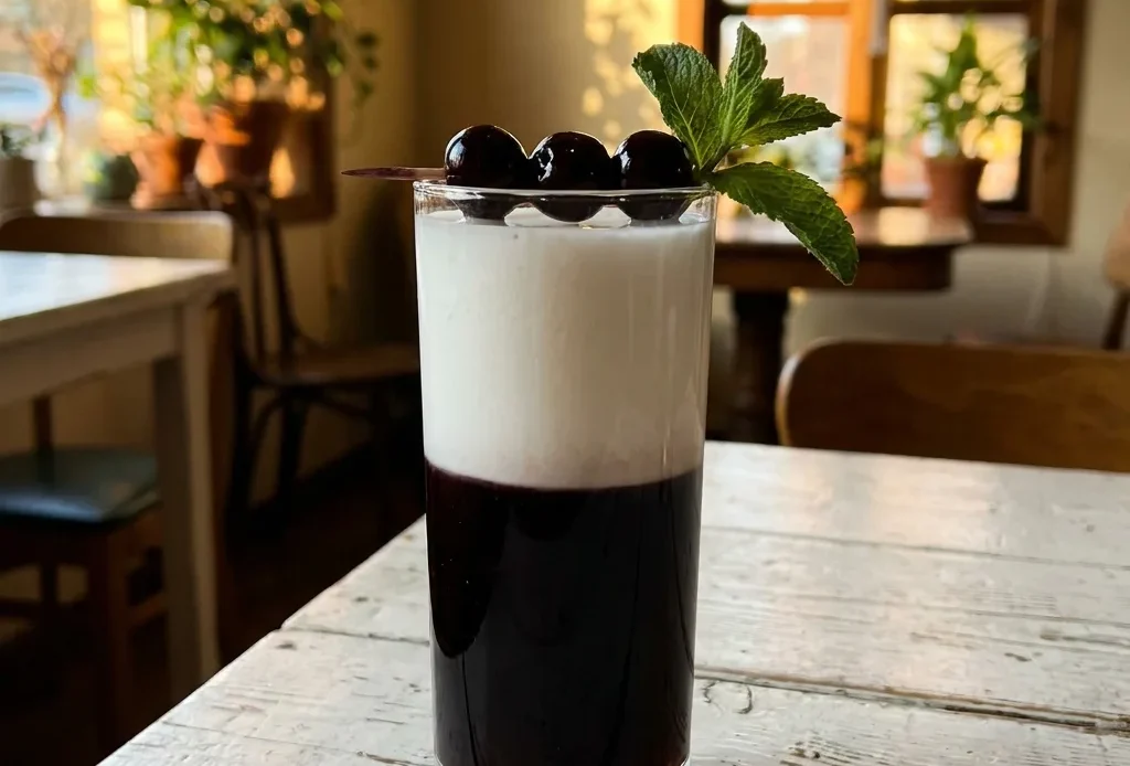 zebra striping mocktail with and coconut cream layers in a tall glass
