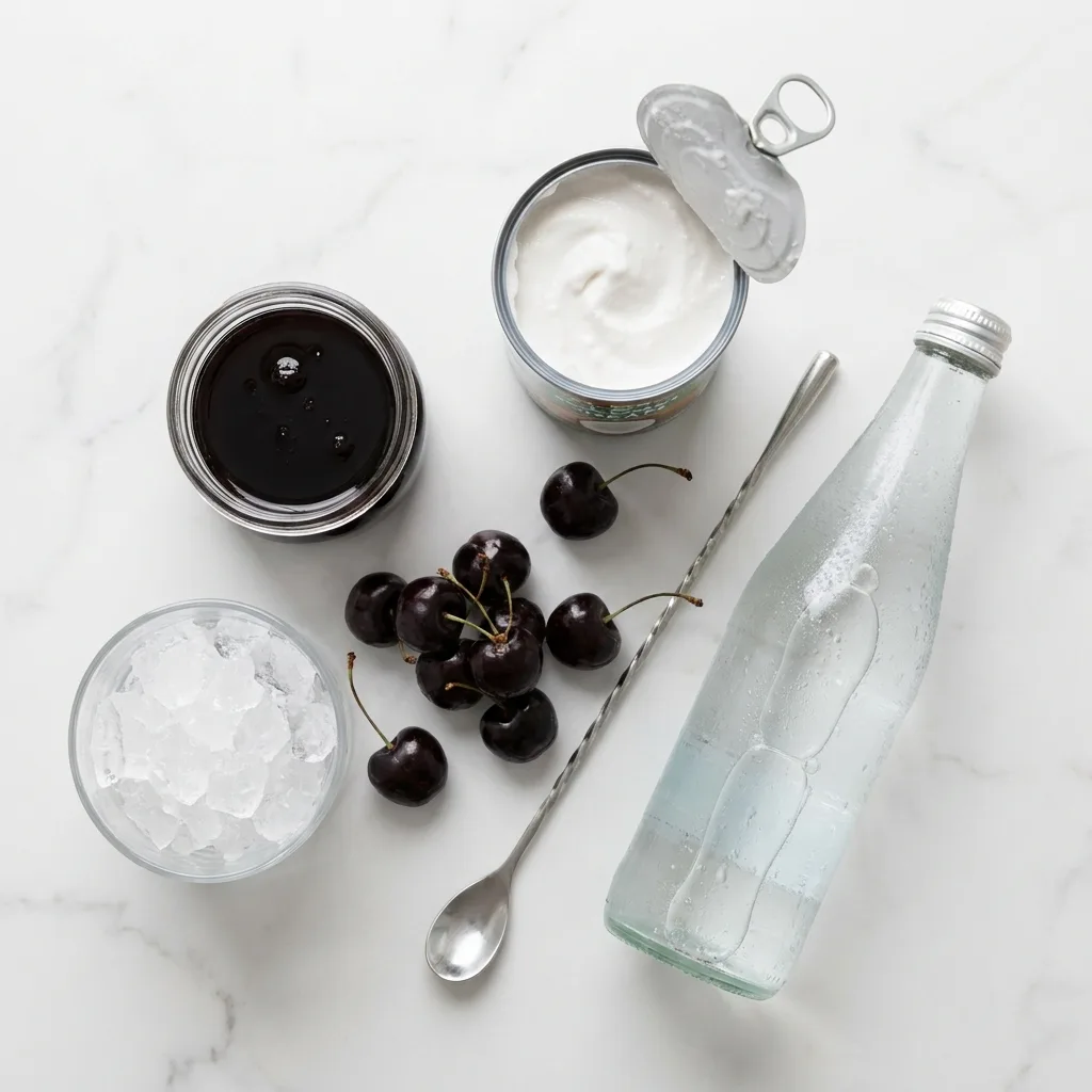 black cherry syrup, coconut cream, and sparkling water laid out for a zebra striping mocktail