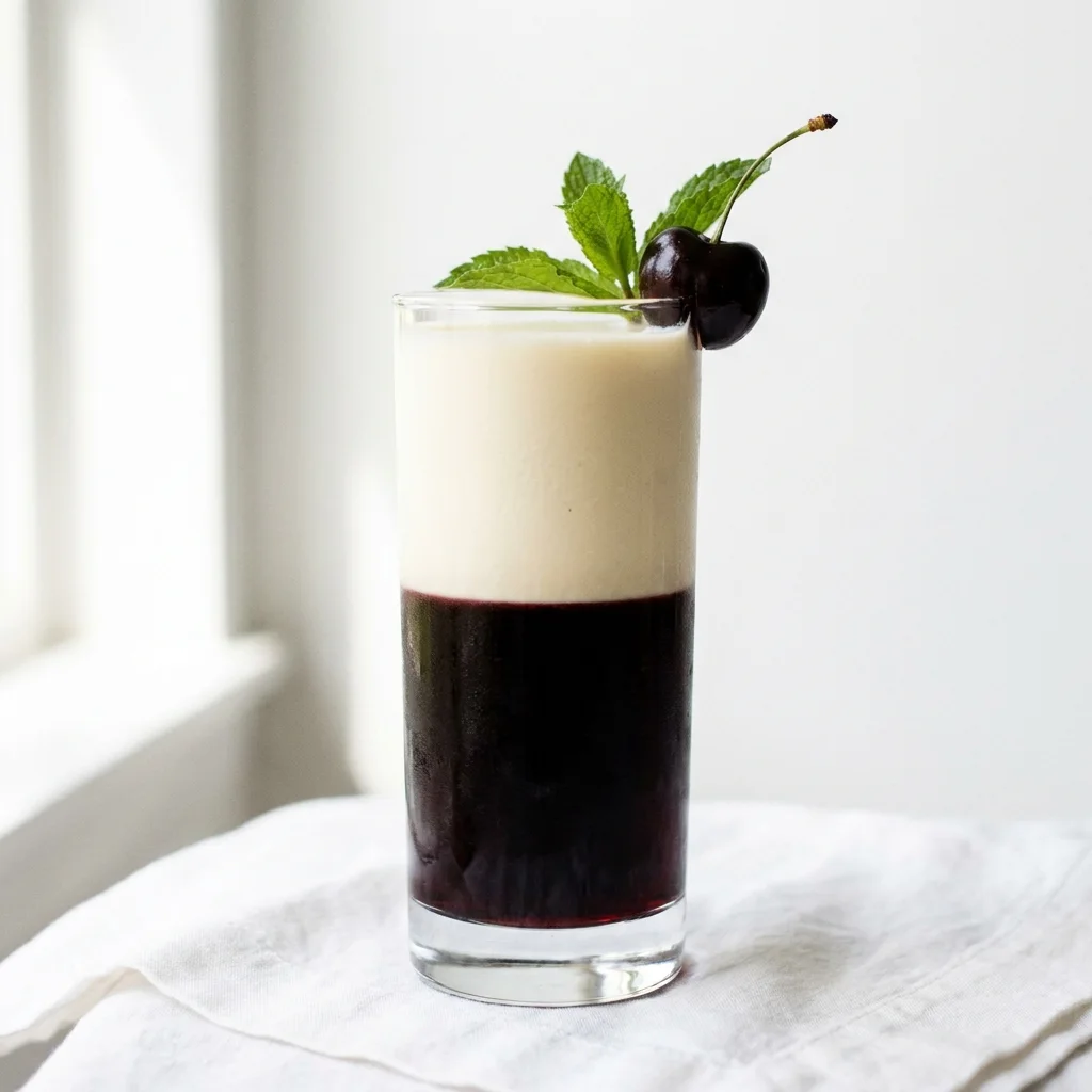 inished zebra striping mocktail served in a tall glass showing distinct black and white layered stripes