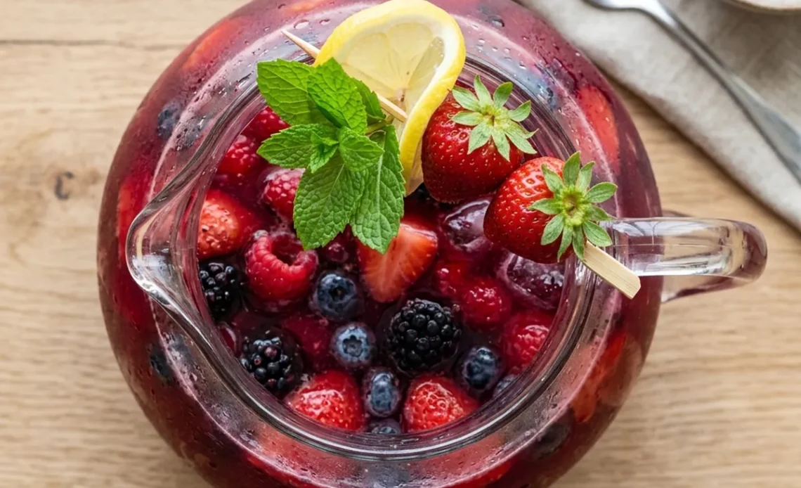 Glass pitcher of berry punch garnished with fresh strawberries, mint, and a lemon wheel on a bright kitchen counter