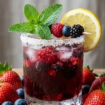 Close-up of fresh strawberries, blueberries, raspberries, and blackberries arranged beside a glass of berry punch with mint garnish
