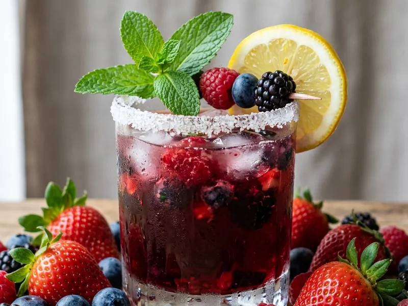 Close-up of fresh strawberries, blueberries, raspberries, and blackberries arranged beside a glass of berry punch with mint garnish