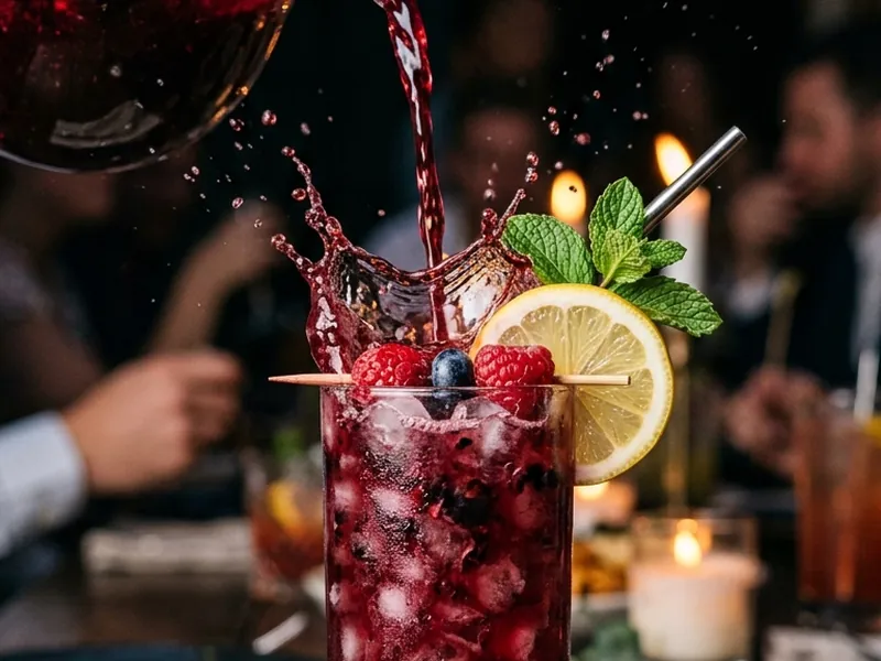 Berry punch being poured from a pitcher into a glass over ice, showing rich color and condensation on a party table setup