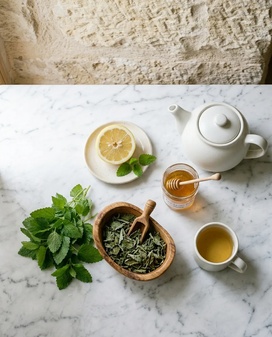 Fresh and dried lemon balm leaves with lemon and honey for a lemon balm tea recipe