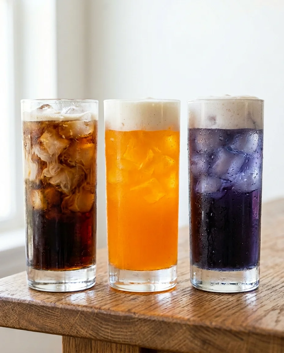 Row of fast-food copycat dirty soda recipes in tall glasses with cream and vanilla cold foam on top