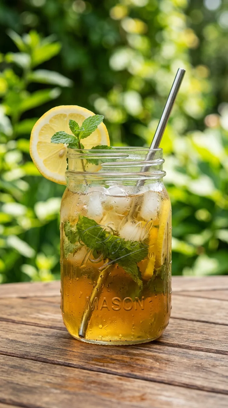 Iced lemon balm tea in a mason jar garnished with lemon and mint