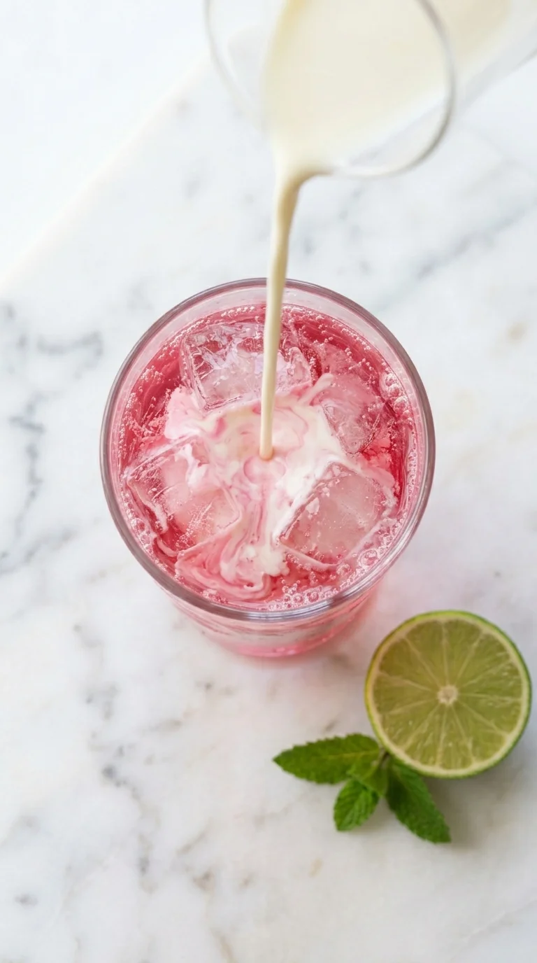 Overhead pour of a fruity dirty soda recipe with cream swirling into a glass of ice