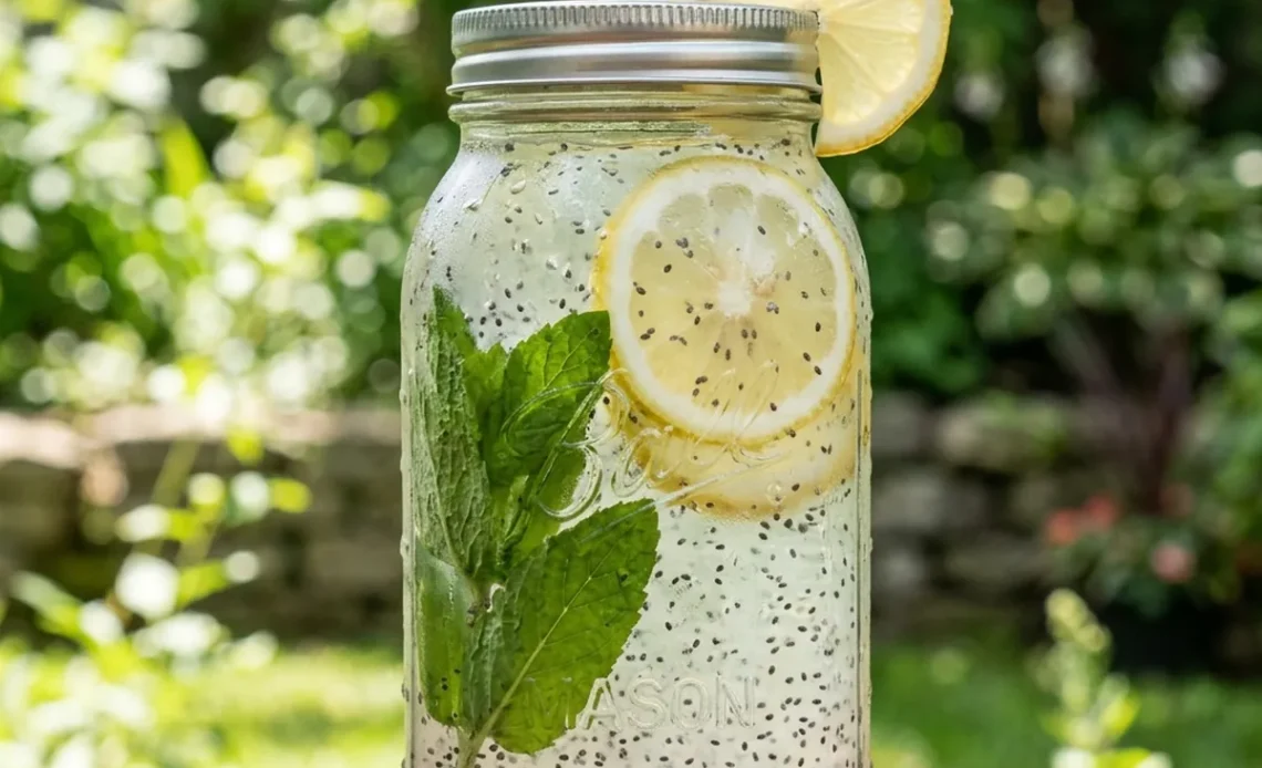 chia seed water recipe in a mason jar with lemon and ice