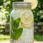 chia seed water recipe in a mason jar with lemon and ice