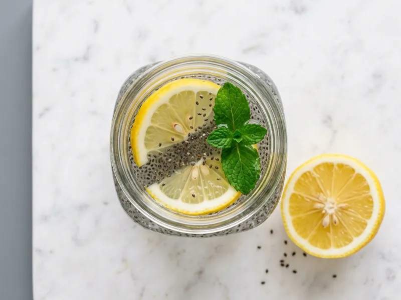 overhead view of chia seed water in a mason jar with lemon and mint