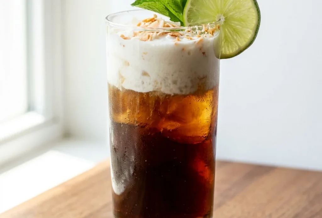 Coconut lime dirty soda in a tall Collins glass with a creamy coconut cream layer on top, lime wheel and toasted coconut garnish