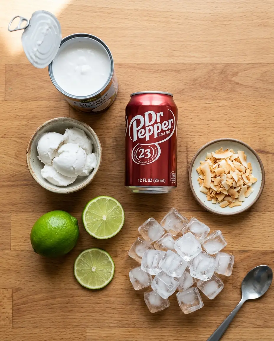 Overhead flatlay of coconut lime dirty soda ingredients including a can of coconut cream, fresh limes, Dr Pepper, and toasted coconut flakes