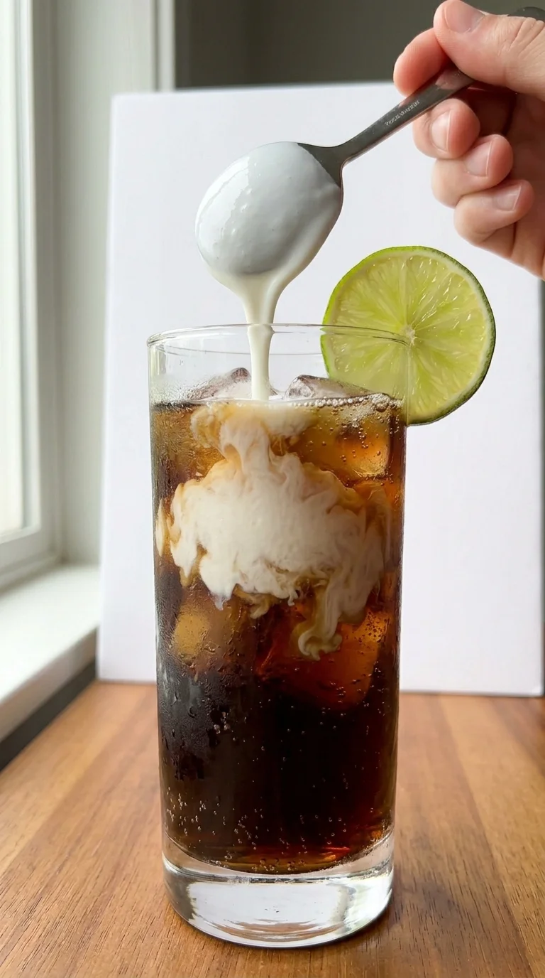 Pouring coconut cream over a coconut lime dirty soda in a tall glass, showing the layered pour technique