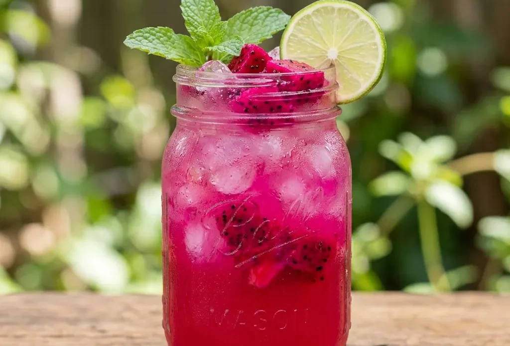 Dragon fruit punch mocktail in a mason jar garnished with lime and mint
