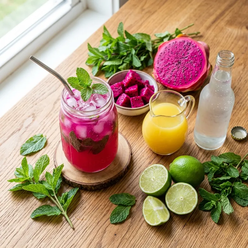 Dragon fruit punch mocktail ingredients: dragon fruit, pineapple juice, lime, soda