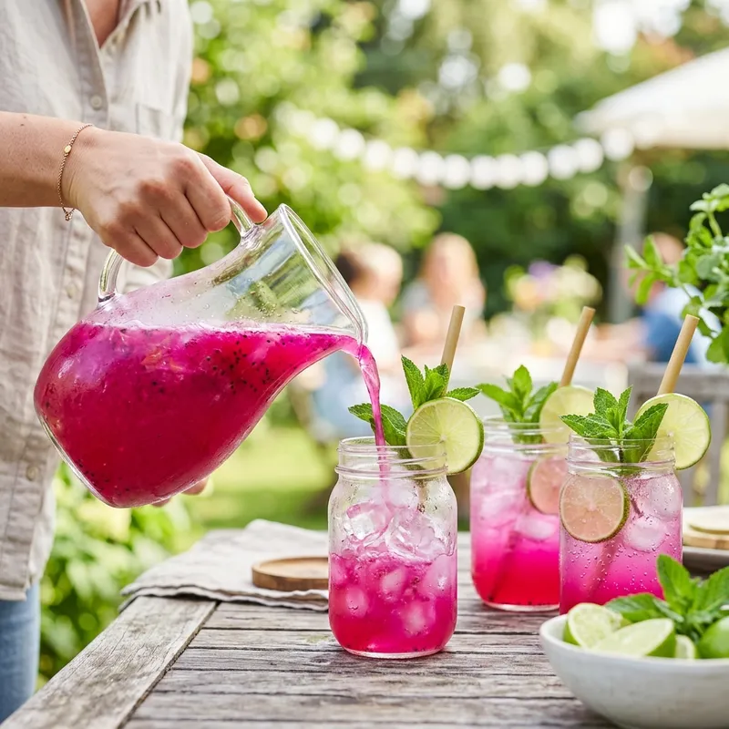 Pouring dragon fruit punch mocktail from a pitcher into mason jar glasses