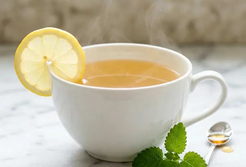 Lemon balm tea recipe served hot in a teacup with honey and a lemon wheel