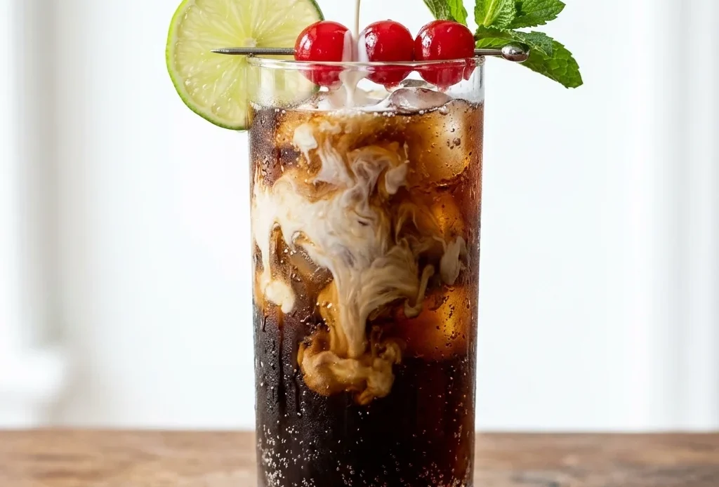 Tall glass of dirty soda with cream slowly poured in creating a cloudy swirl, garnished with a lime wheel, maraschino cherries, and mint