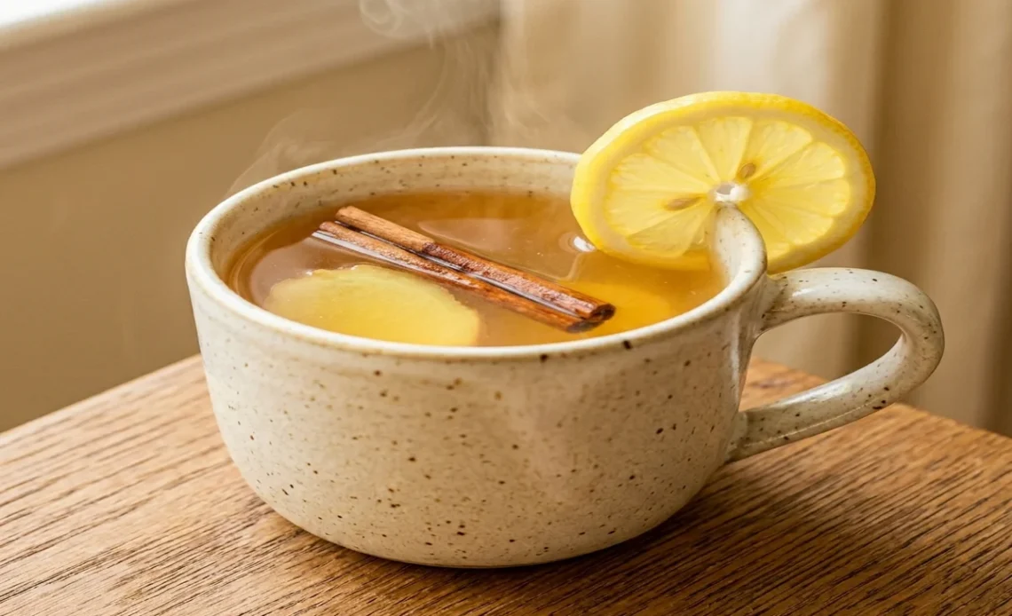 glucose reset ritual recipe in a ceramic mug with lemon wheel and cinnamon stick